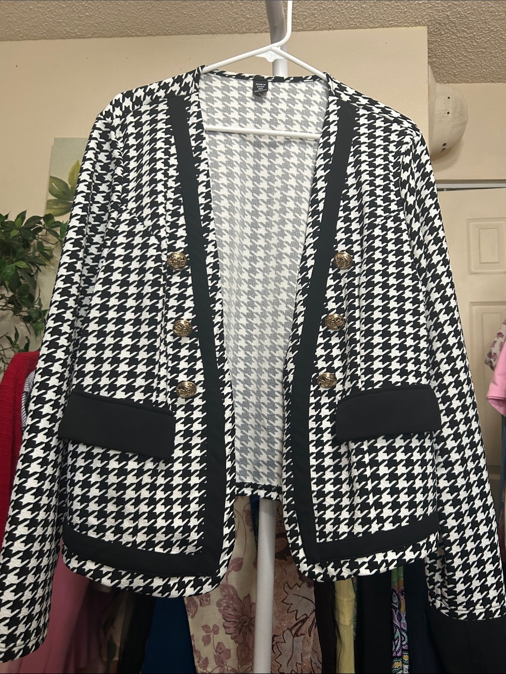 SHEIN Black & White Houndstooth Double-Breasted Blazer
